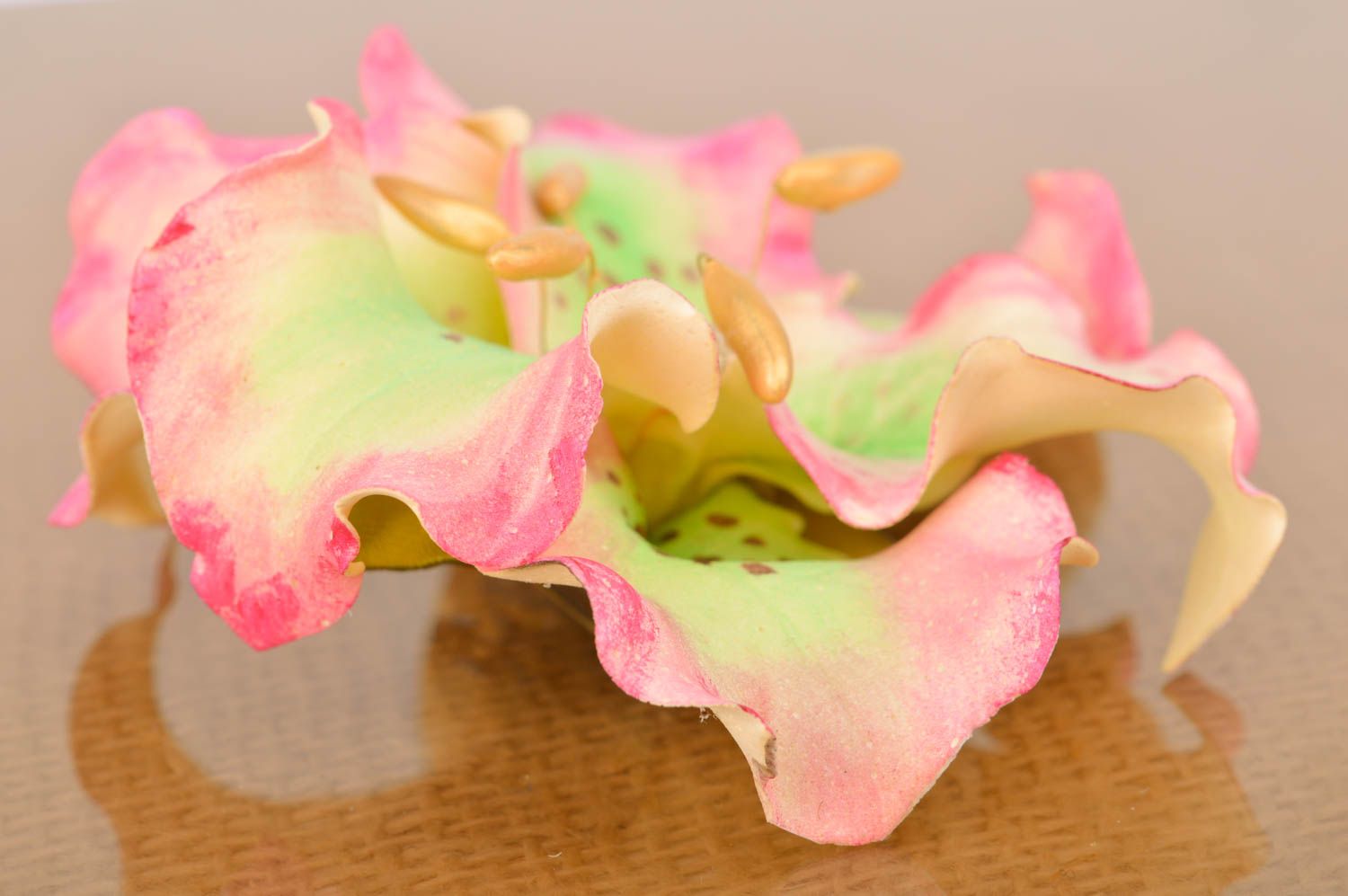Handmade hair clip brooch with tender volume foamiran pink flower Tiger Lily photo 5