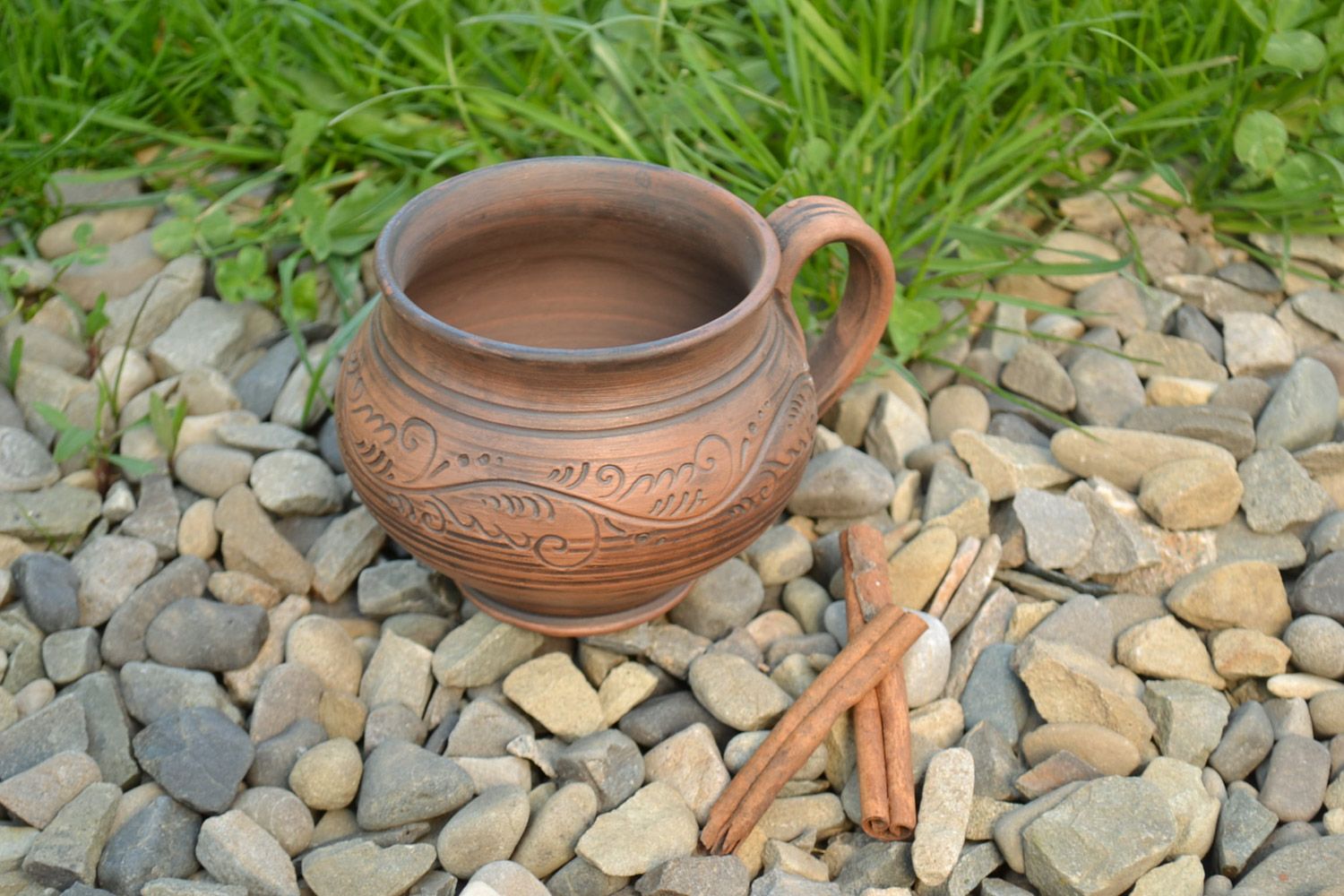 6 oz clay pot-shaped Ukrainian style coffee cup with handle and handmade pattern photo 1