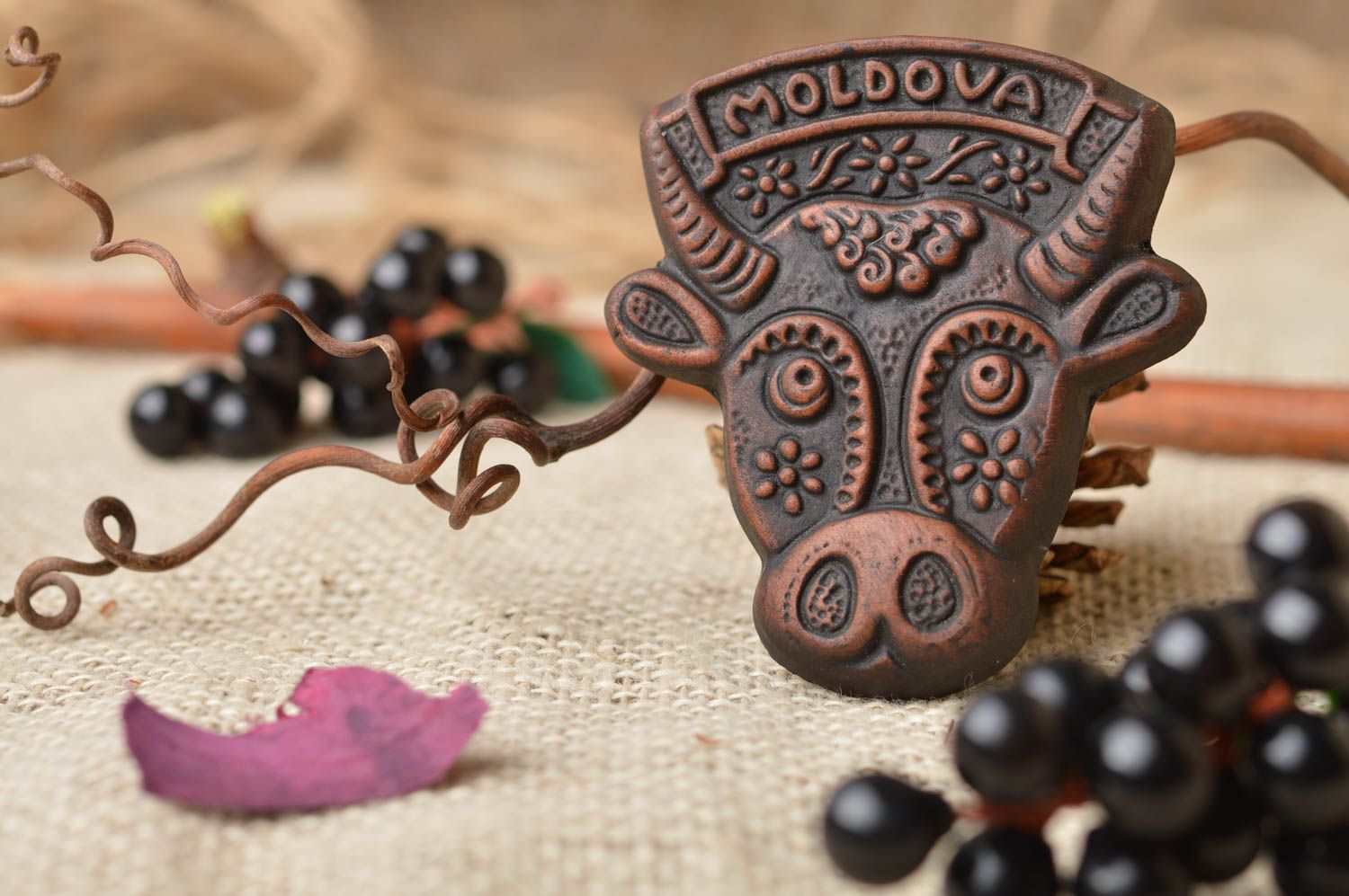 Handmade decorative brown ceramic fridge magnet in ethnic style head of bull photo 1