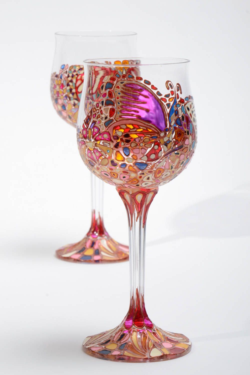 Стеклянные бокалы с росписью в витражной технике ручной работы 2 штуки набор фото 3