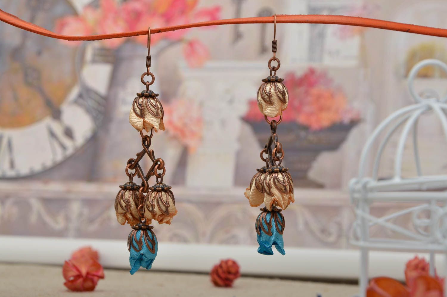 Long stylish earrings handmade earrings with charms earrings with fabric roses photo 1