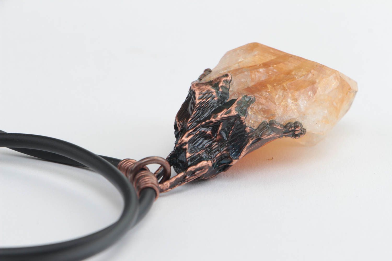 Handmade designer copper pendant necklace with citrine crystal on rubber cord photo 4