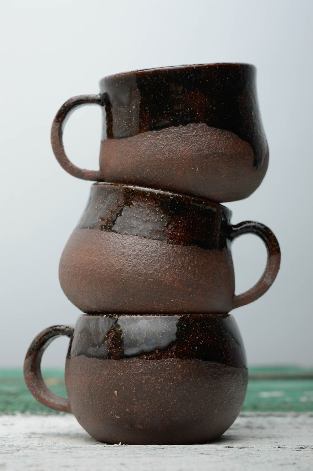 Set of three handmade ceramic 5 oz cups in Chocolate color glazed inside photo 1