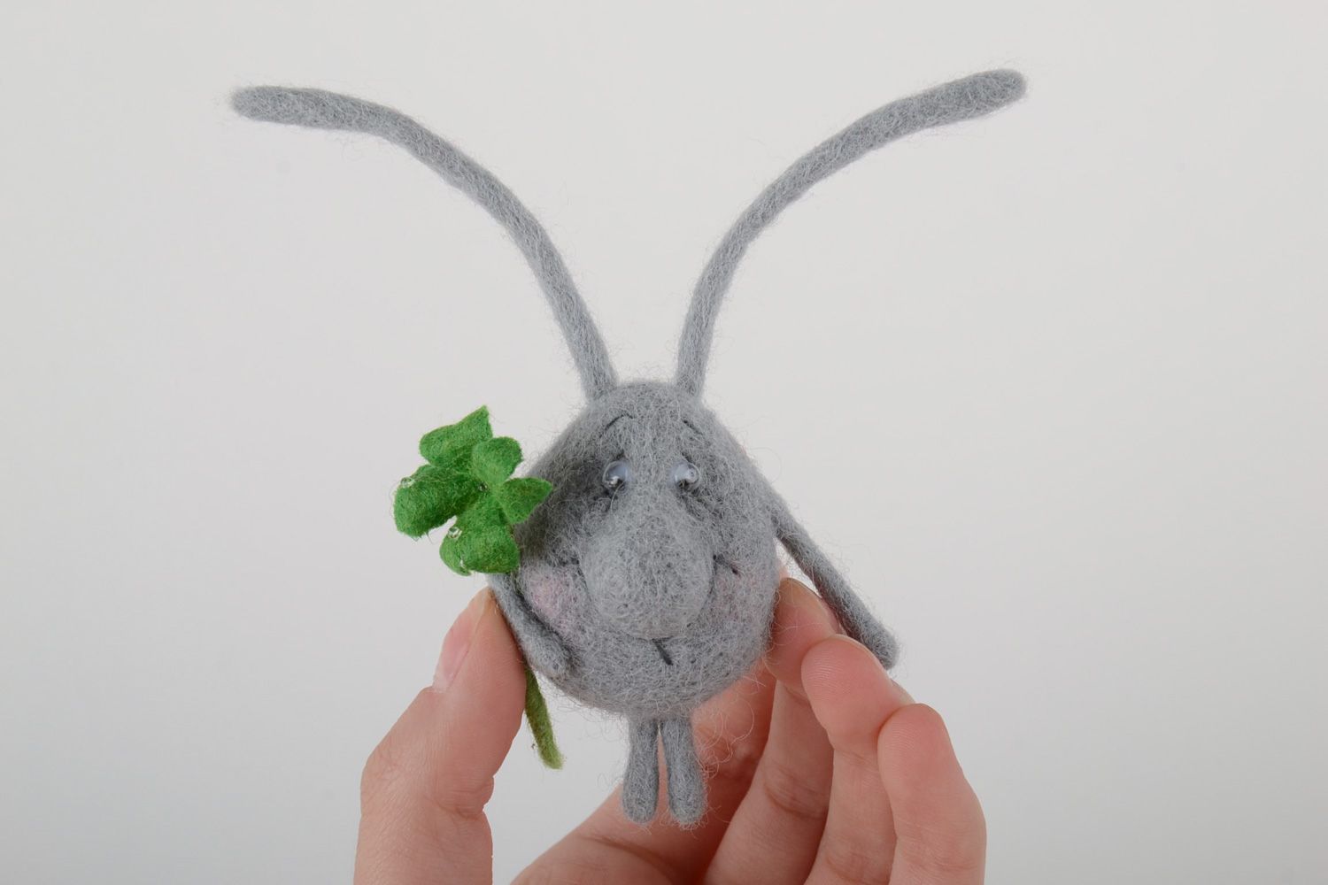 Handmade cute fridge magnet felted of natural wool gray creature with clover photo 5