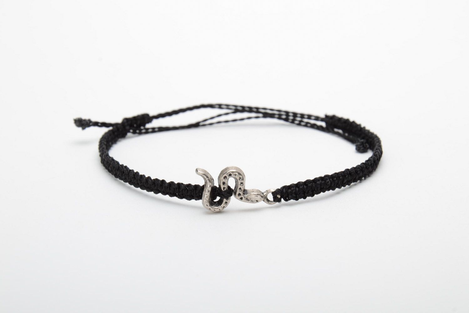 Handmade black macrame woven bracelet with metal snake charm for women photo 5