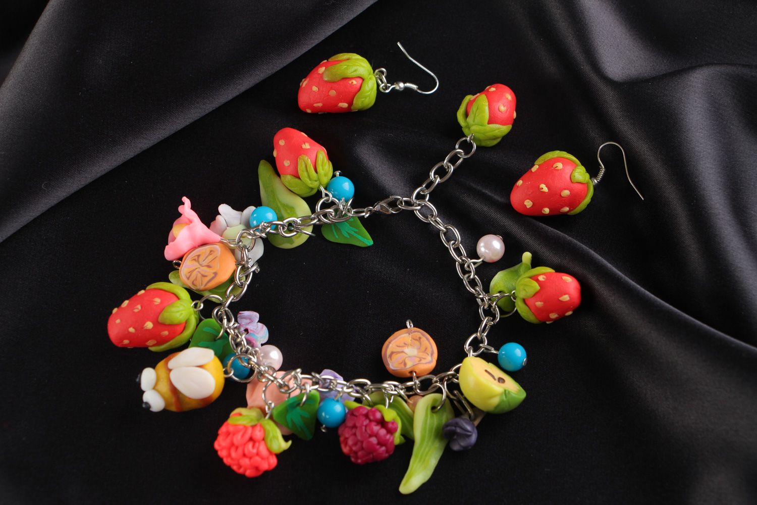 Parure de bijoux fruits pâte polymère faite main bracelet boucles d'oreilles photo 1