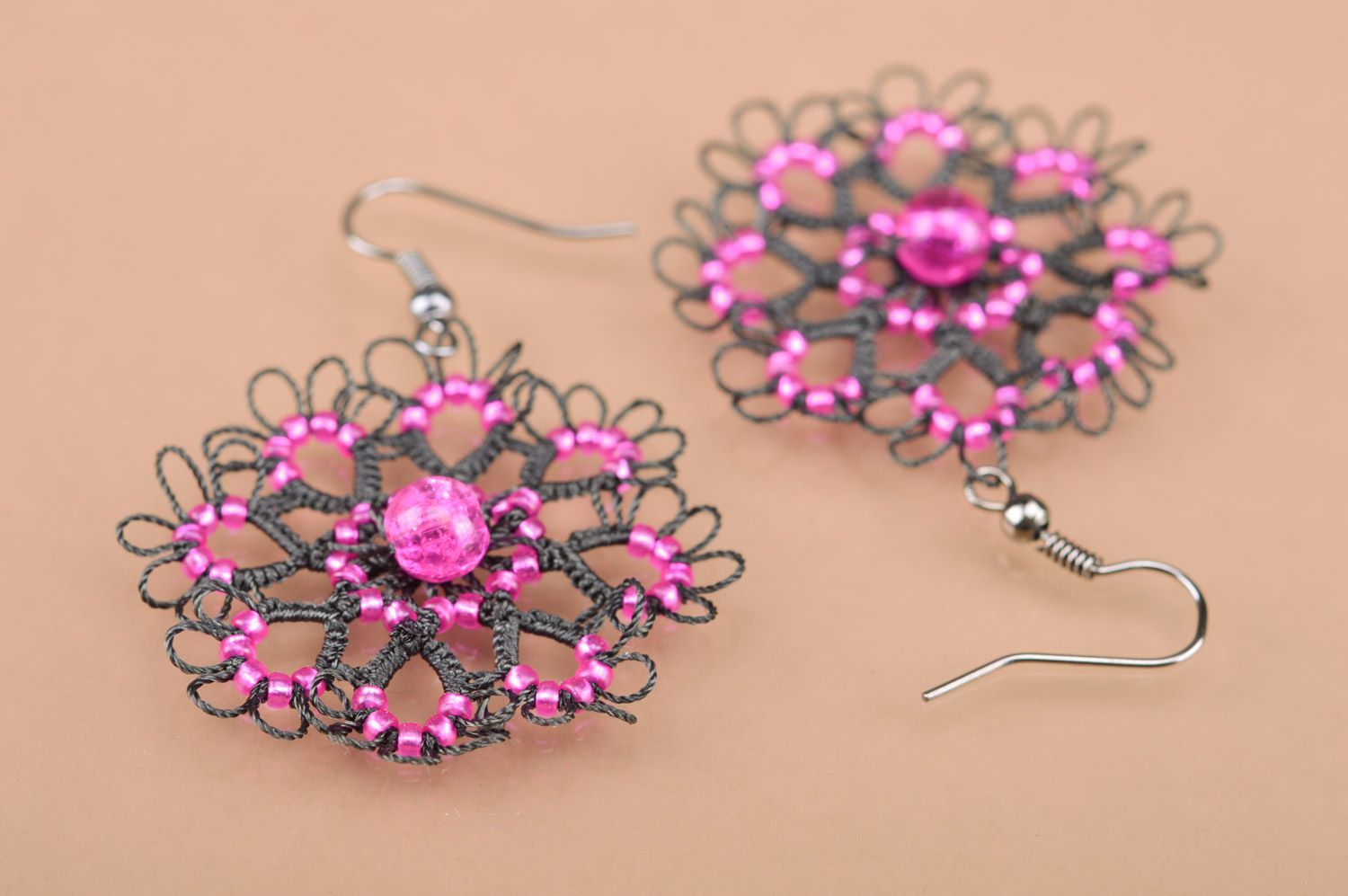 Black and pink handmade large lacy round earrings woven using tatting technique photo 2