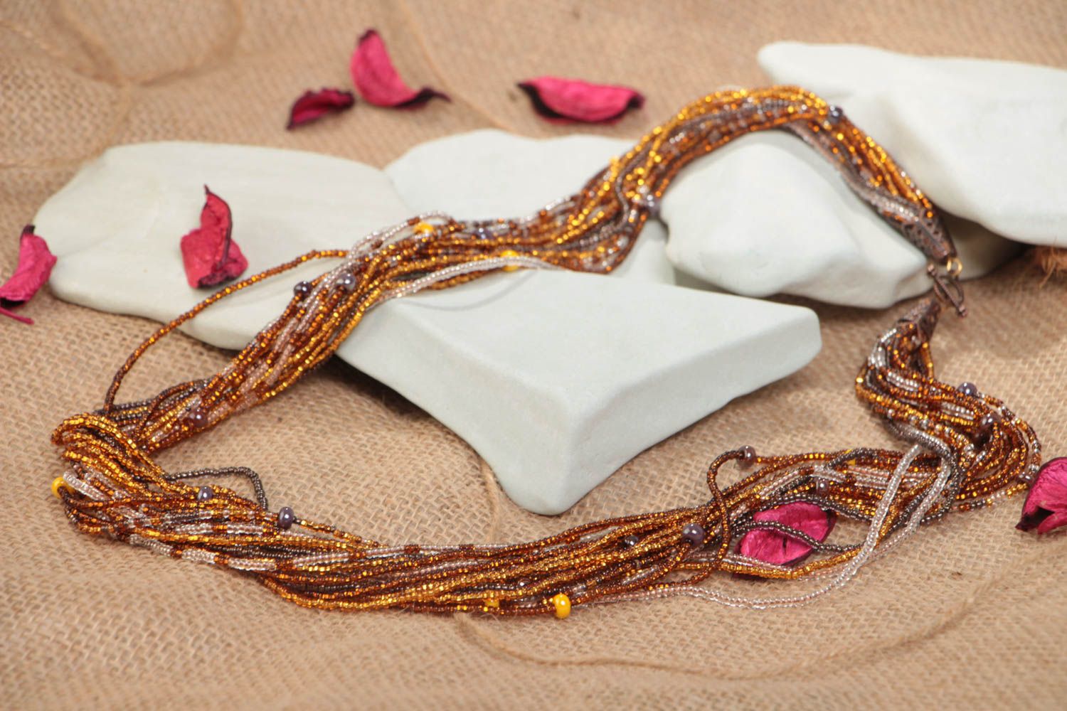 Handmade designer multi row beaded necklace in amber color palette for women photo 1