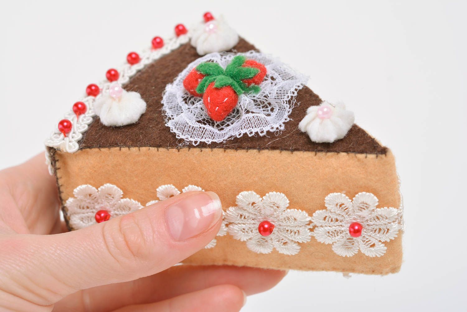 Handmade decorative designer pincushion sewn of felt and satin Chocolate Cake photo 4