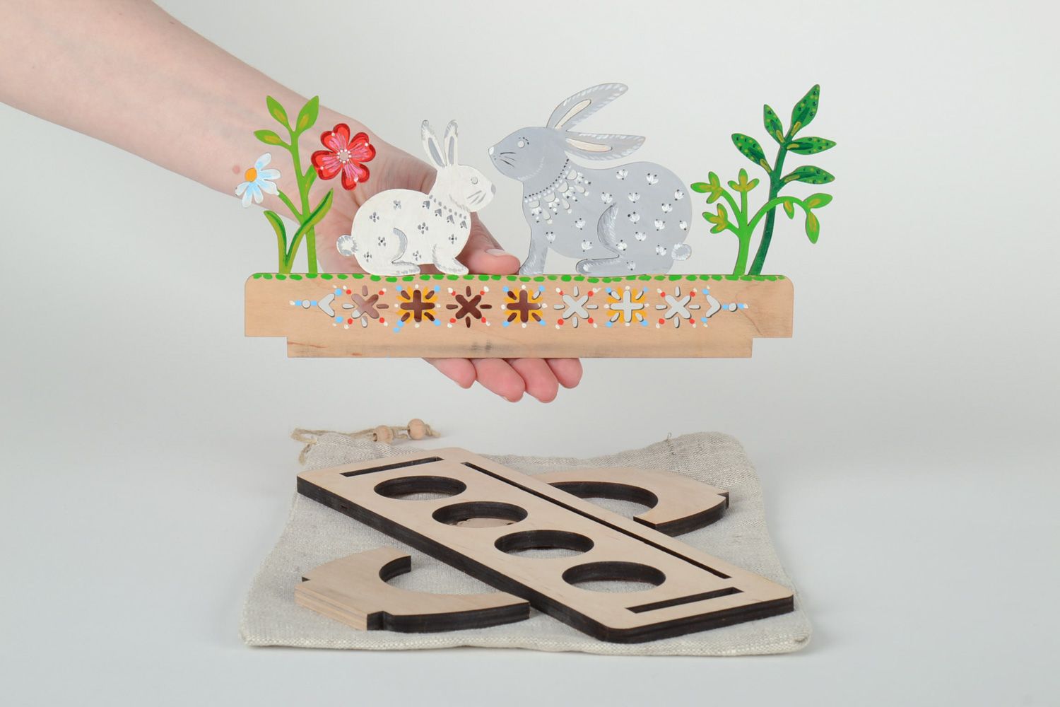 Handmade plywood holder for 4 Easter eggs Rabbits photo 2