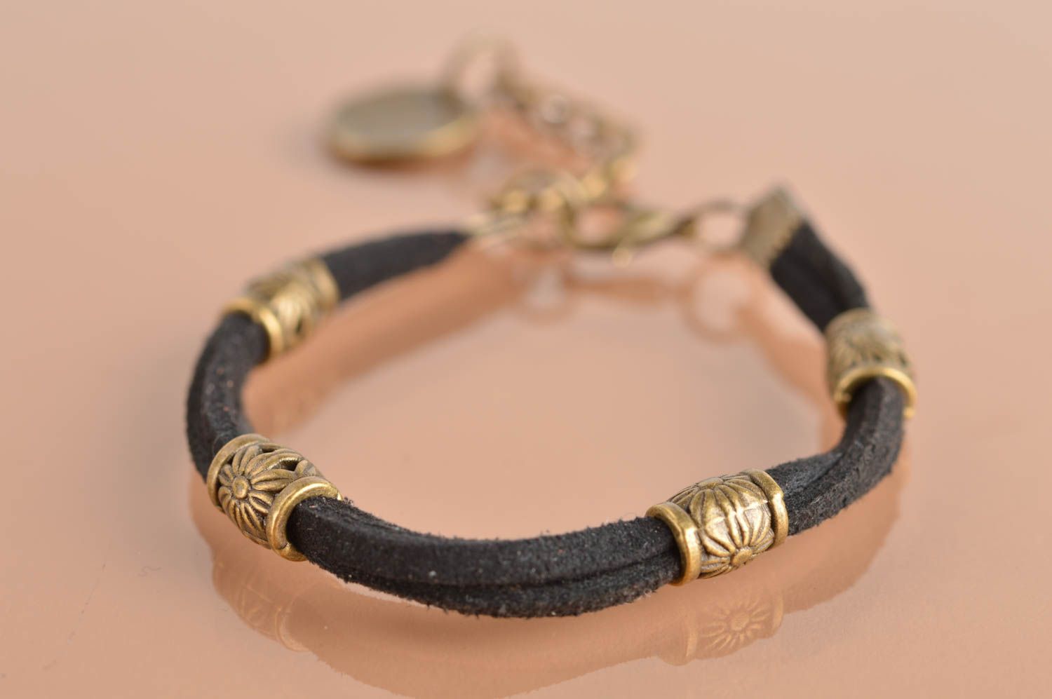 Handmade stylish black with metal cute bracelet made of chamois leather lace  photo 2