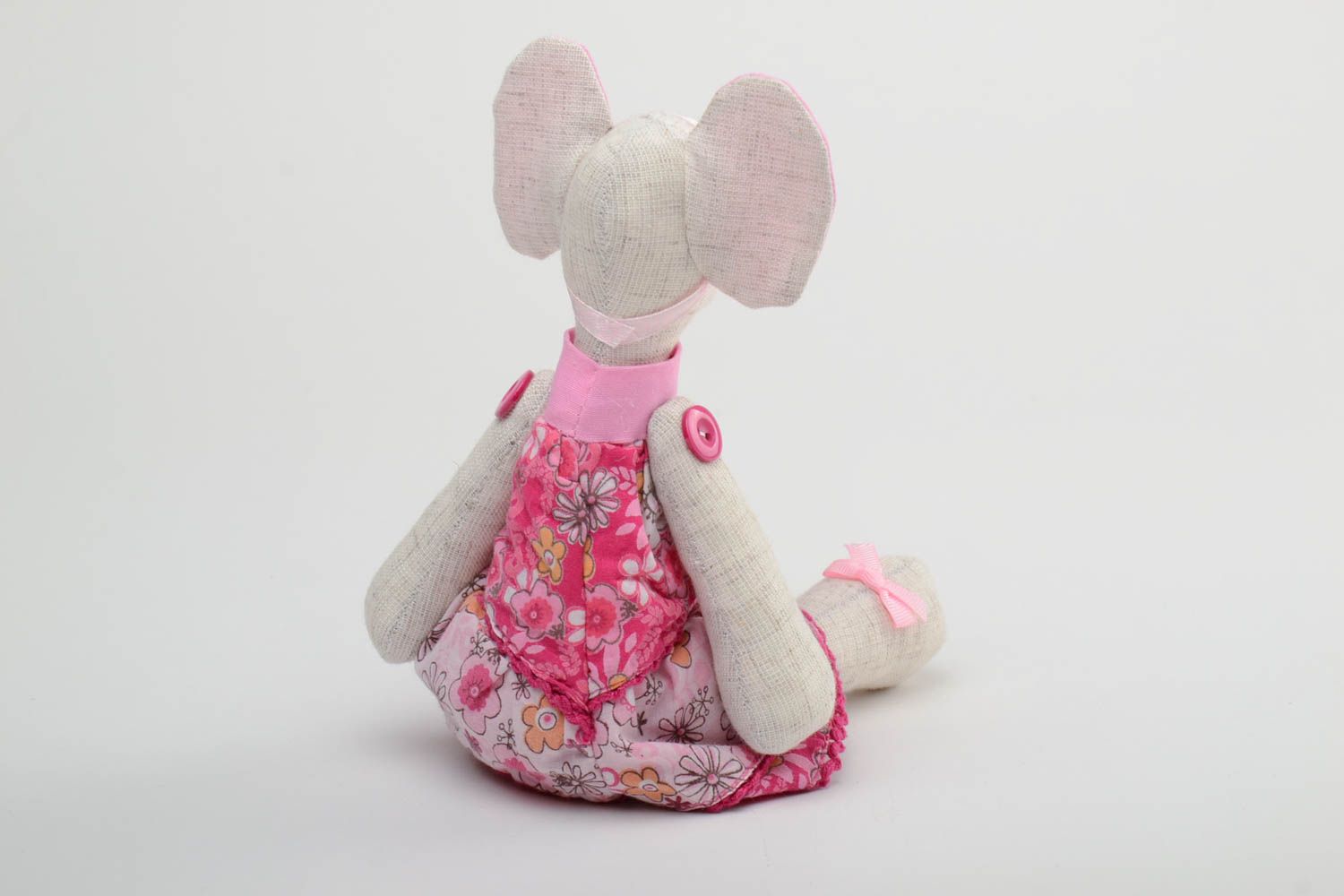 Handmade small soft toy sewn of linen and cotton elephant girl in pink dress photo 4