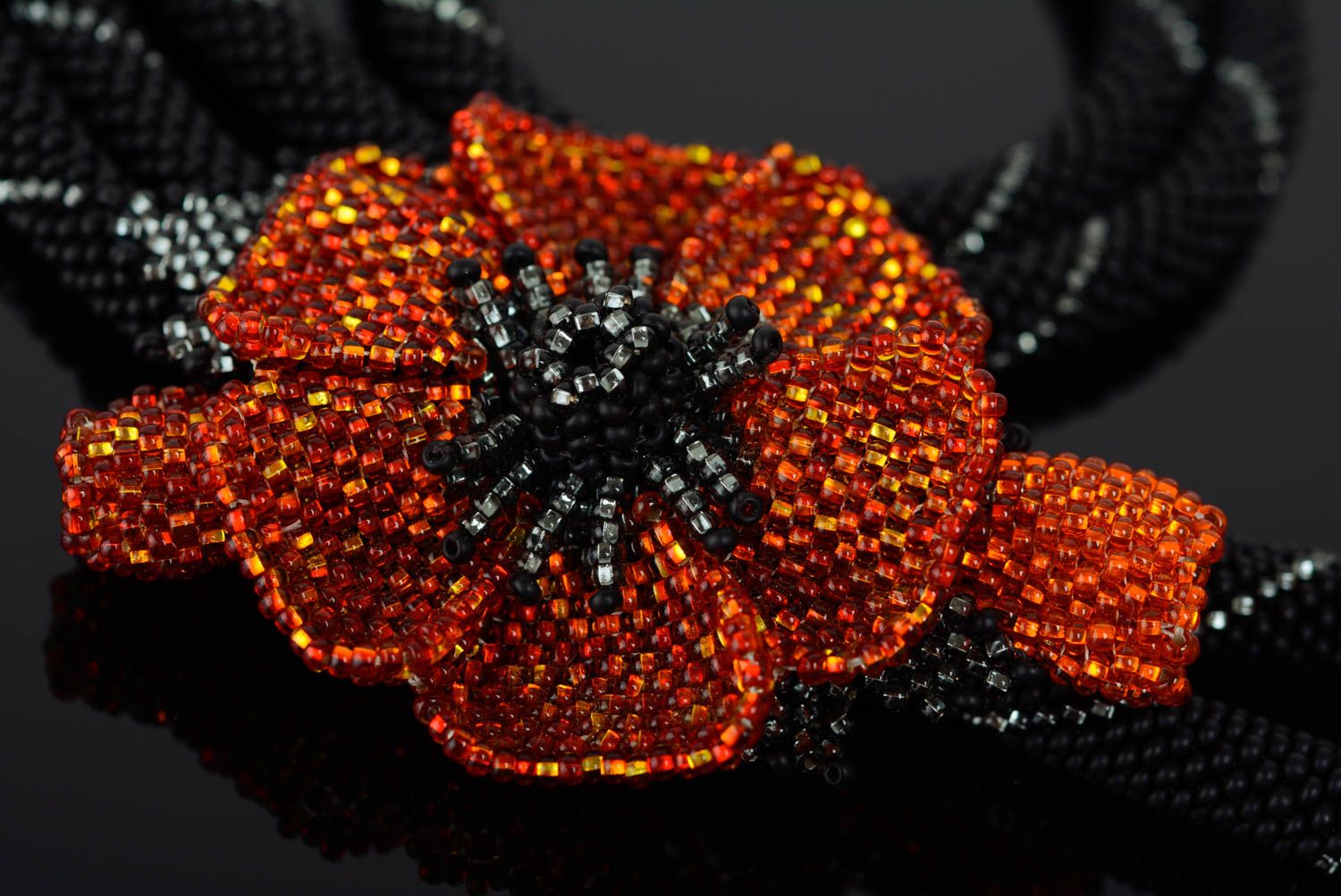 Handmade woven beaded black cord necklace with volume red poppy flower  photo 2