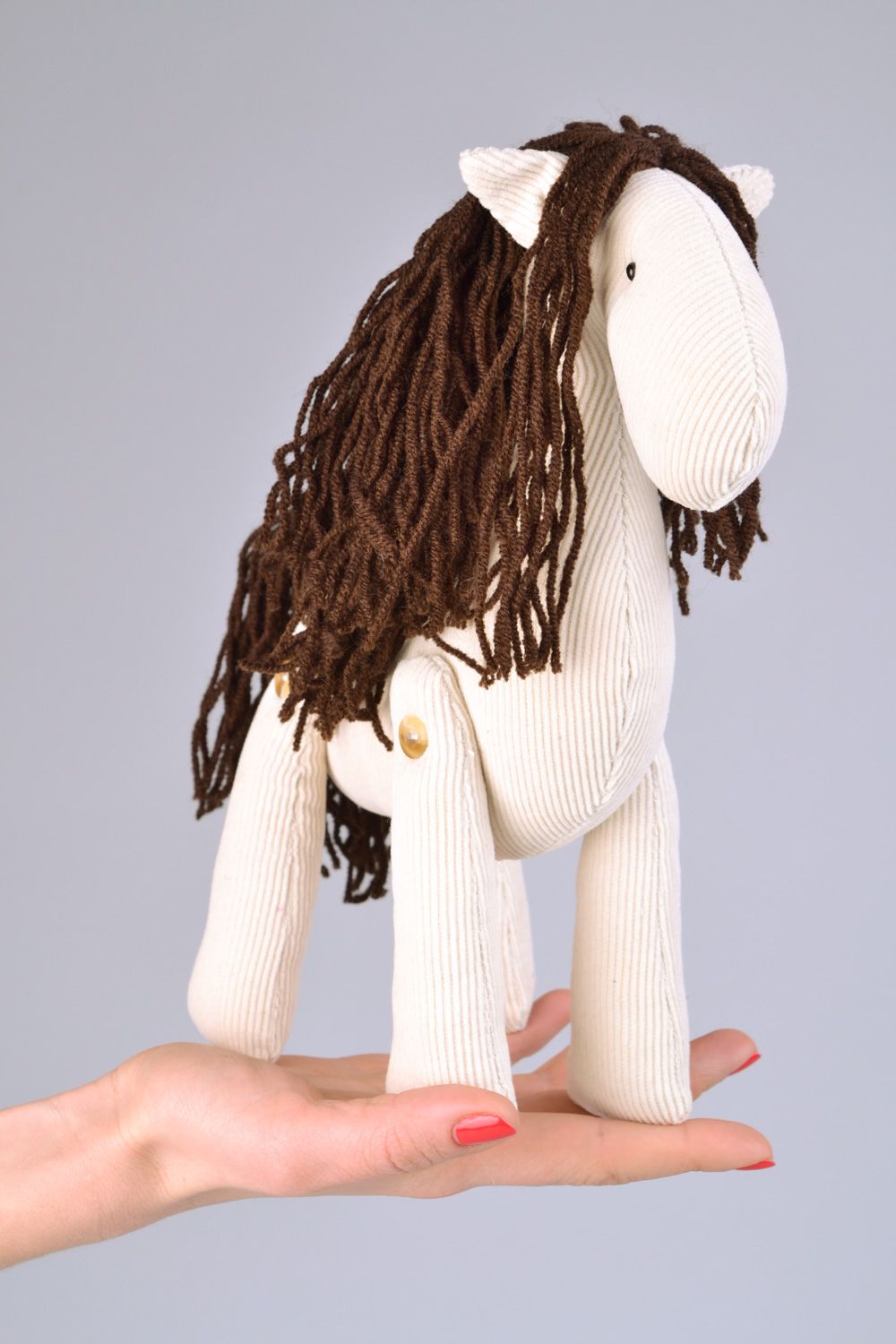 Handmade designer soft toy pony with brown mane sewn of white velvet for kids photo 2
