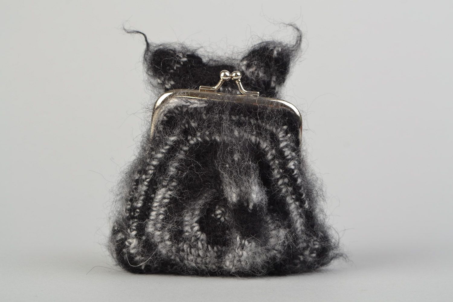 Handmade crocheted wallet purse for children in the form of black and white fluffy cat photo 5