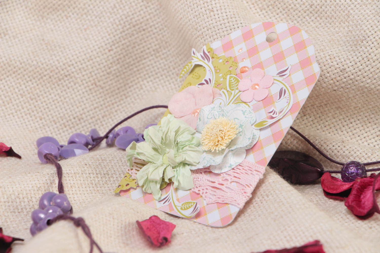 Beautiful small handmade gift tag with flowers of pink color scrapbooking photo 1