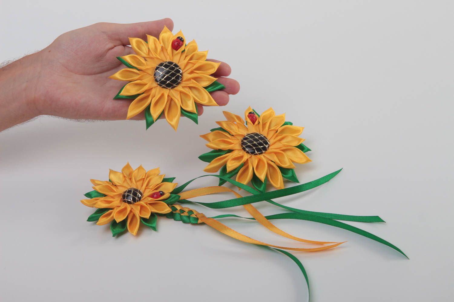 Handmade jewelry set 3 flower hair ties flower bracelet kanzashi flowers  photo 5