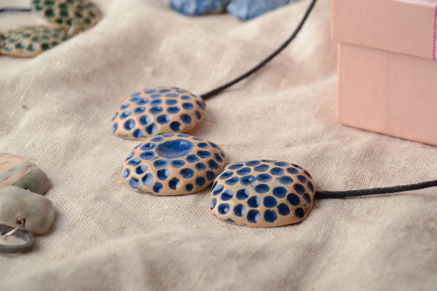 Blue polka dot clay pendant painted with enamel photo 1