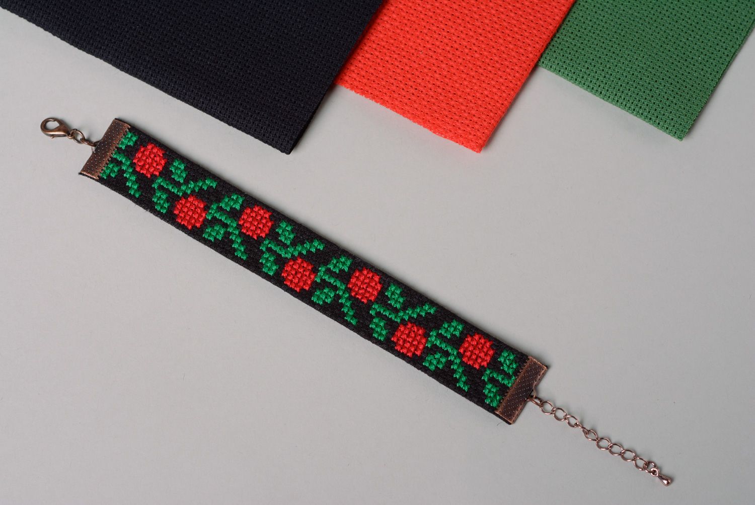 Handmade cross stitch embroidered textile bracelet  photo 1