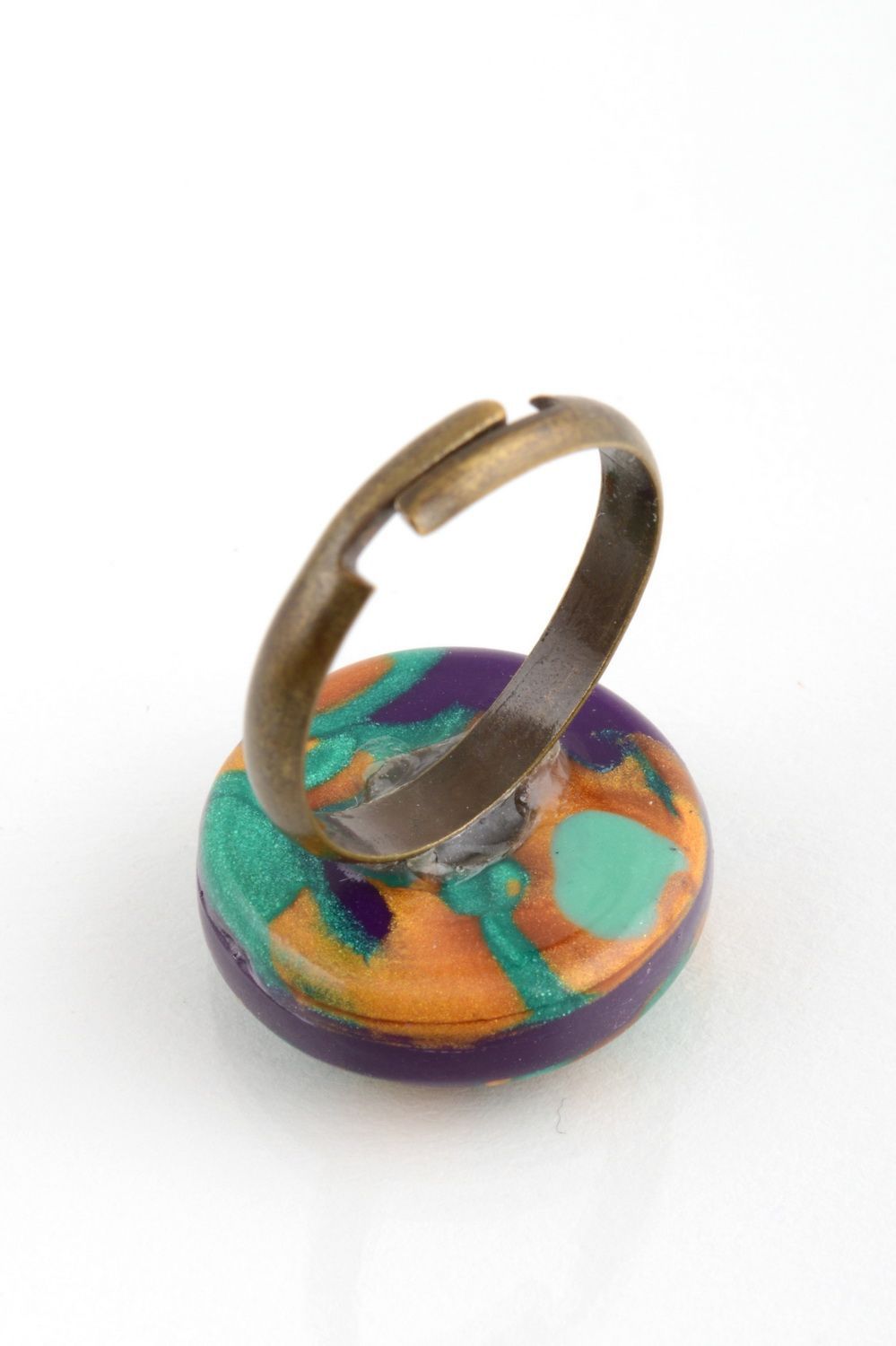 Handmade round colorful polymer clay jewelry ring on metal basis photo 4