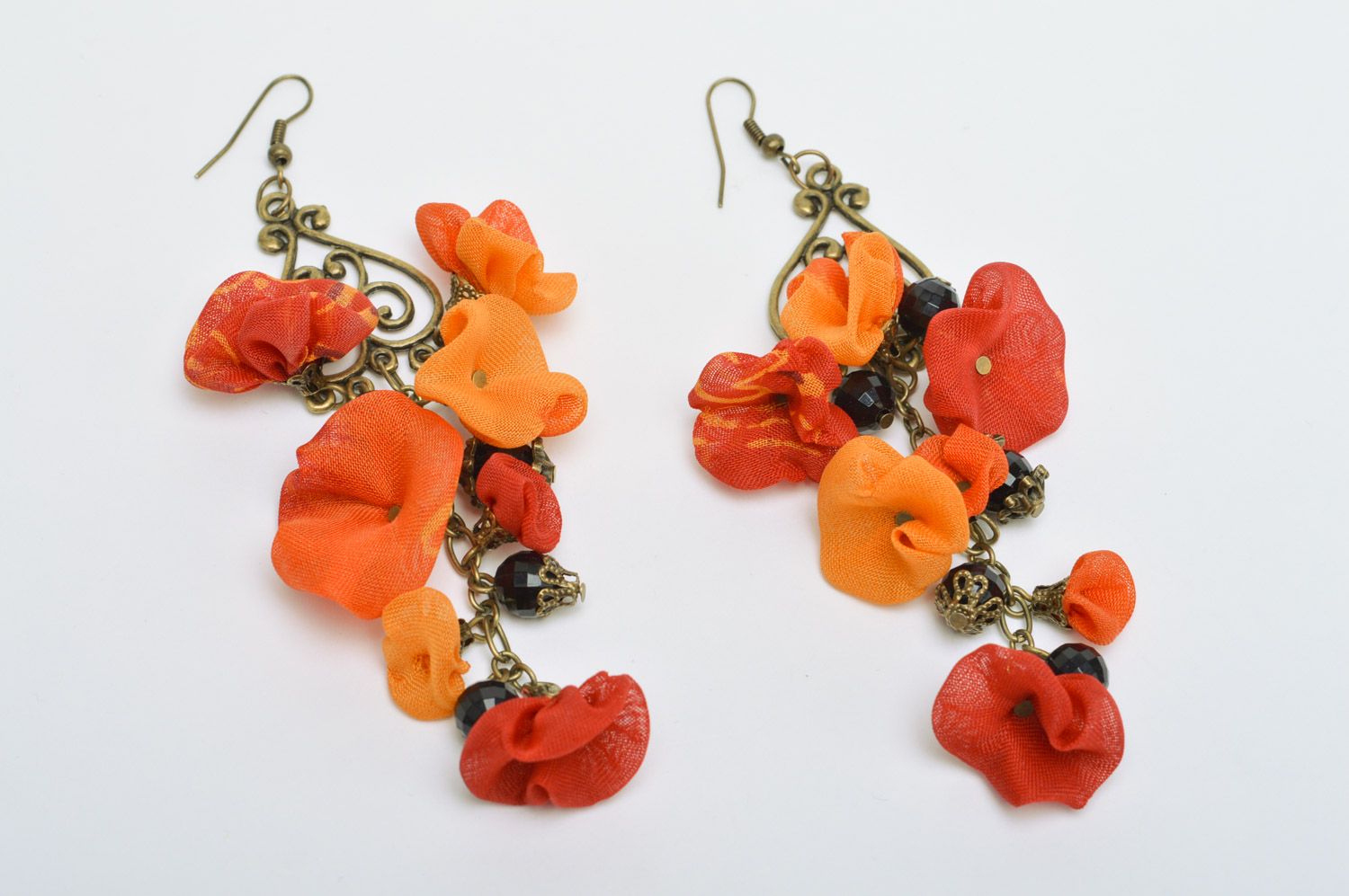 Handmade long fabric flower earrings of red and orange colors with beads photo 1