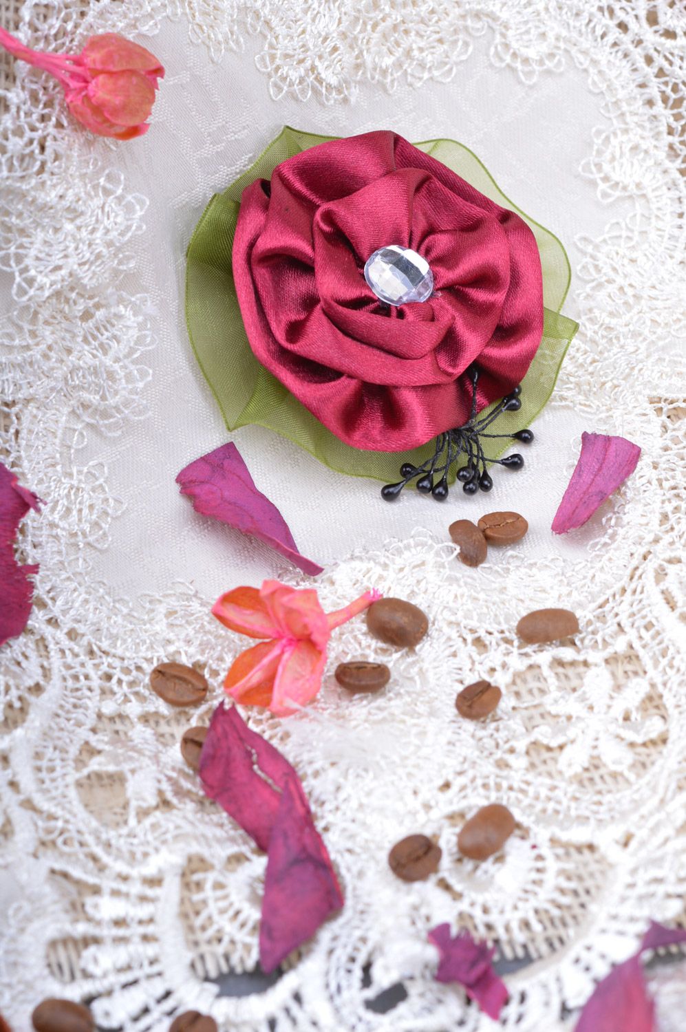 Handmade small satin fabric brooch in the shape of purple rose with rhinestone photo 1