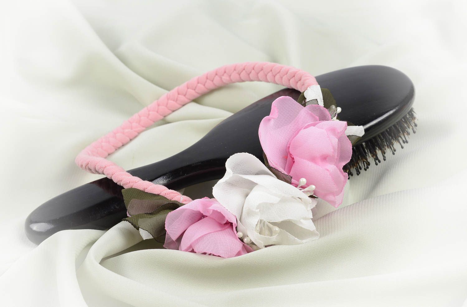 Rosa weißes Blumen Haarband handmade Designer Schmuck Accessoire für Haare foto 5