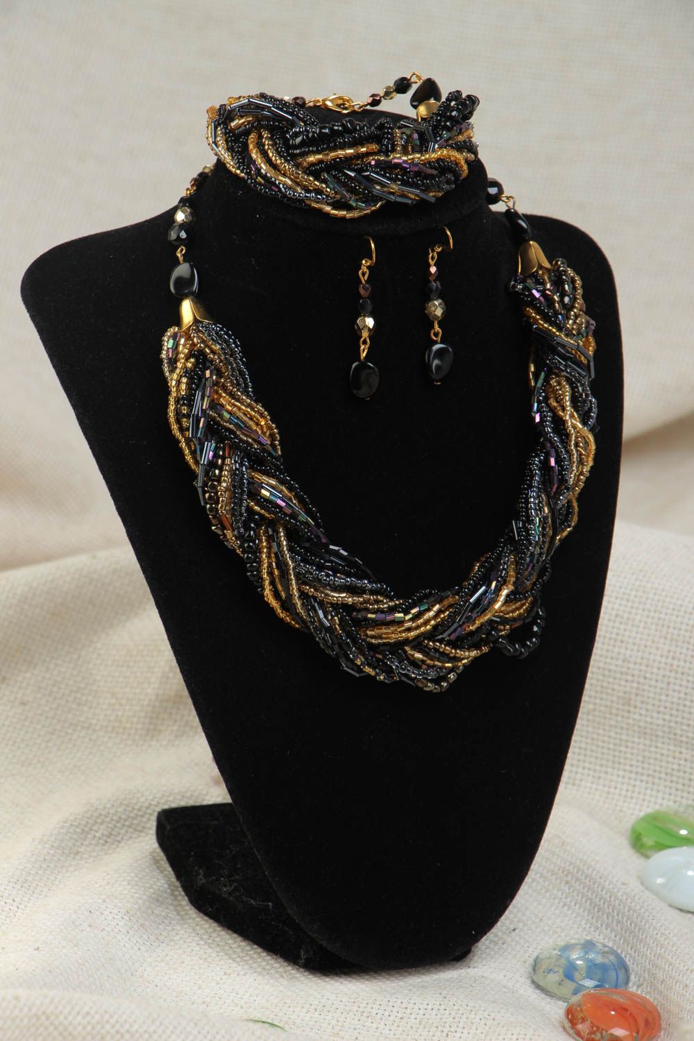 Dark handmade designer beaded jewelry set 3 pieces bracelet necklace and earrings photo 1