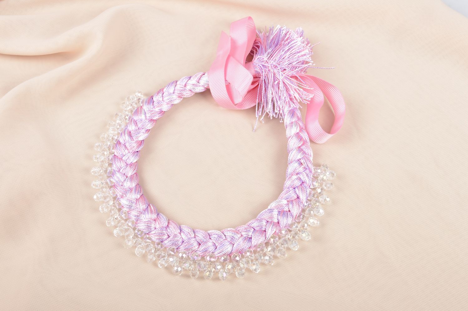 Колье коса из шелка ручной работы розовое украшение на шею модная бижутерия фото 5