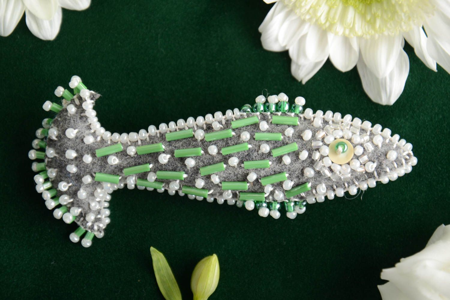 Grey textile fish brooch beaded handmade stylish accessory for every day photo 1