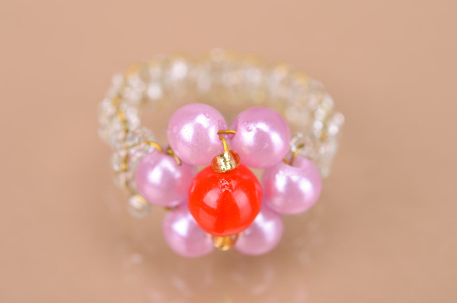 Pink and red small children's handmade beaded ring photo 5