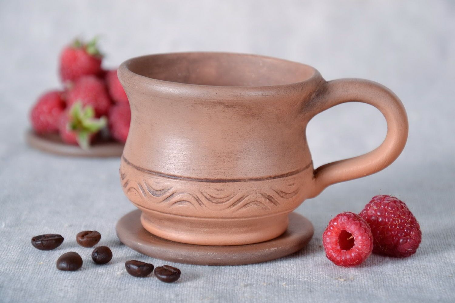 3 oz clay cup with handle and a saucer in classic design photo 3