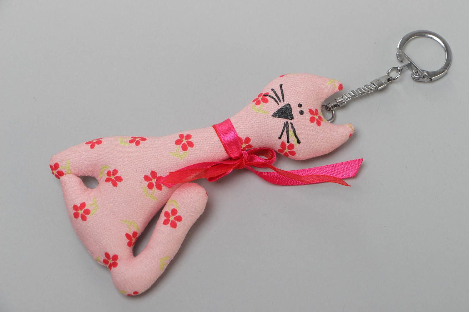 Handmade soft toy keychain sewn of pink polka dot cotton fabric in the shape of cat photo 2