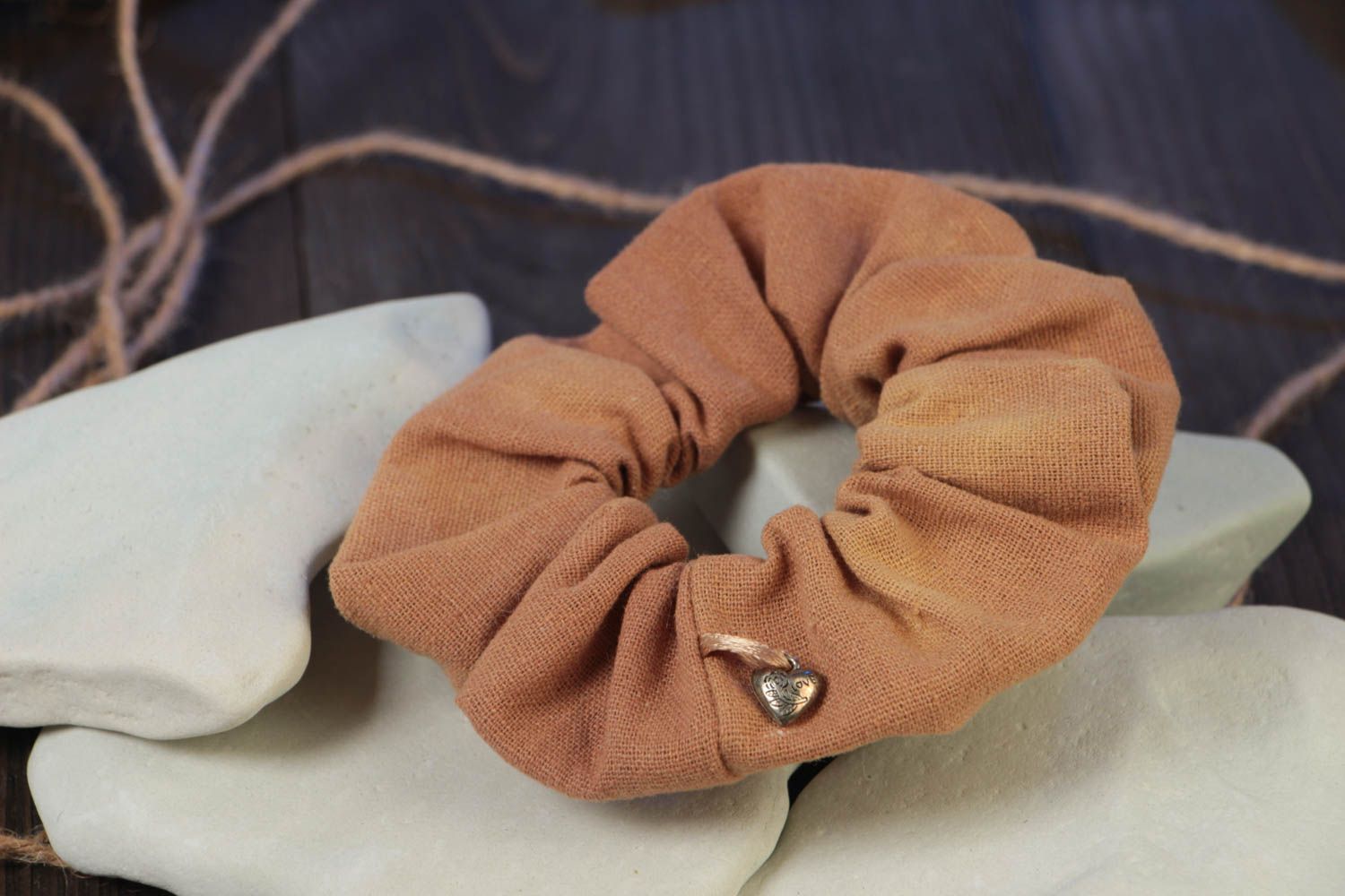 Handmade decorative elastic hair band sewn of linen fabric of coffee color photo 1