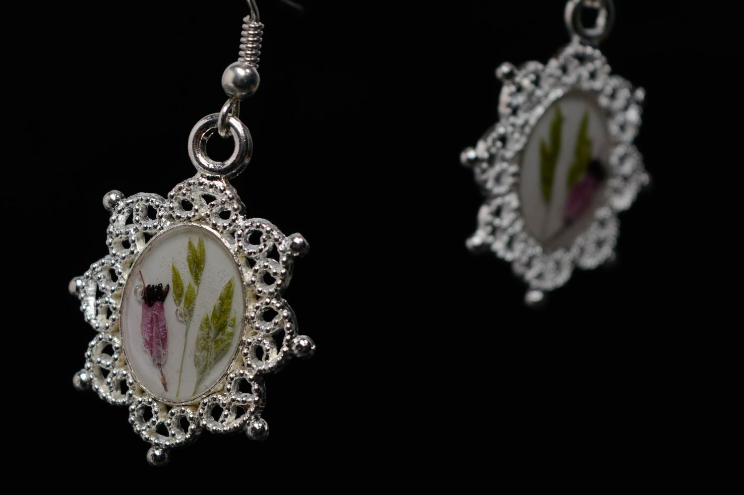 Long earrings with natural verbena flowers photo 2