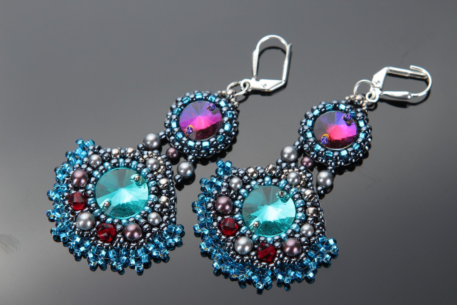 Massive handmade dangle earrings of blue color with beads and rhinestones photo 1