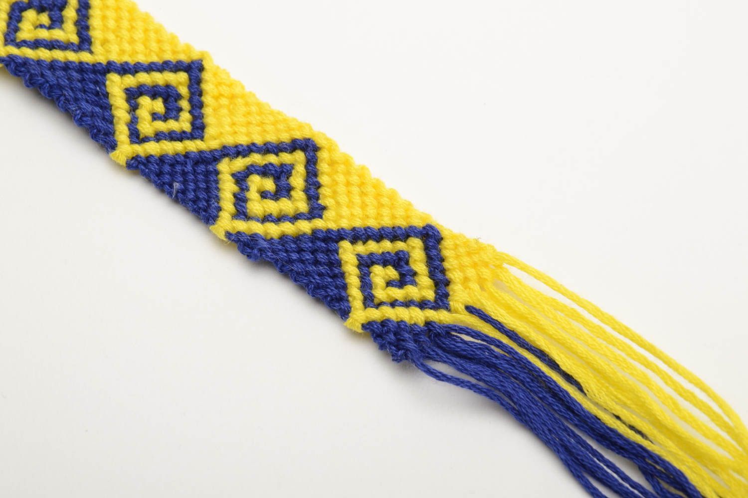 Handmade wide friendship wrist bracelet woven of yellow and blue embroidery floss photo 2