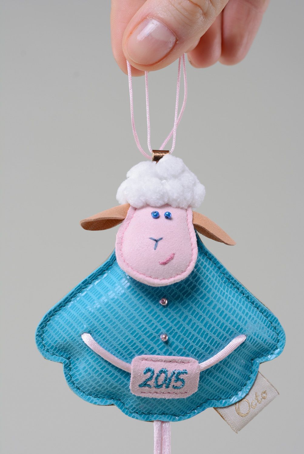 Handmade genuine leather keychain in the shape of cute lamb in blue dress photo 4