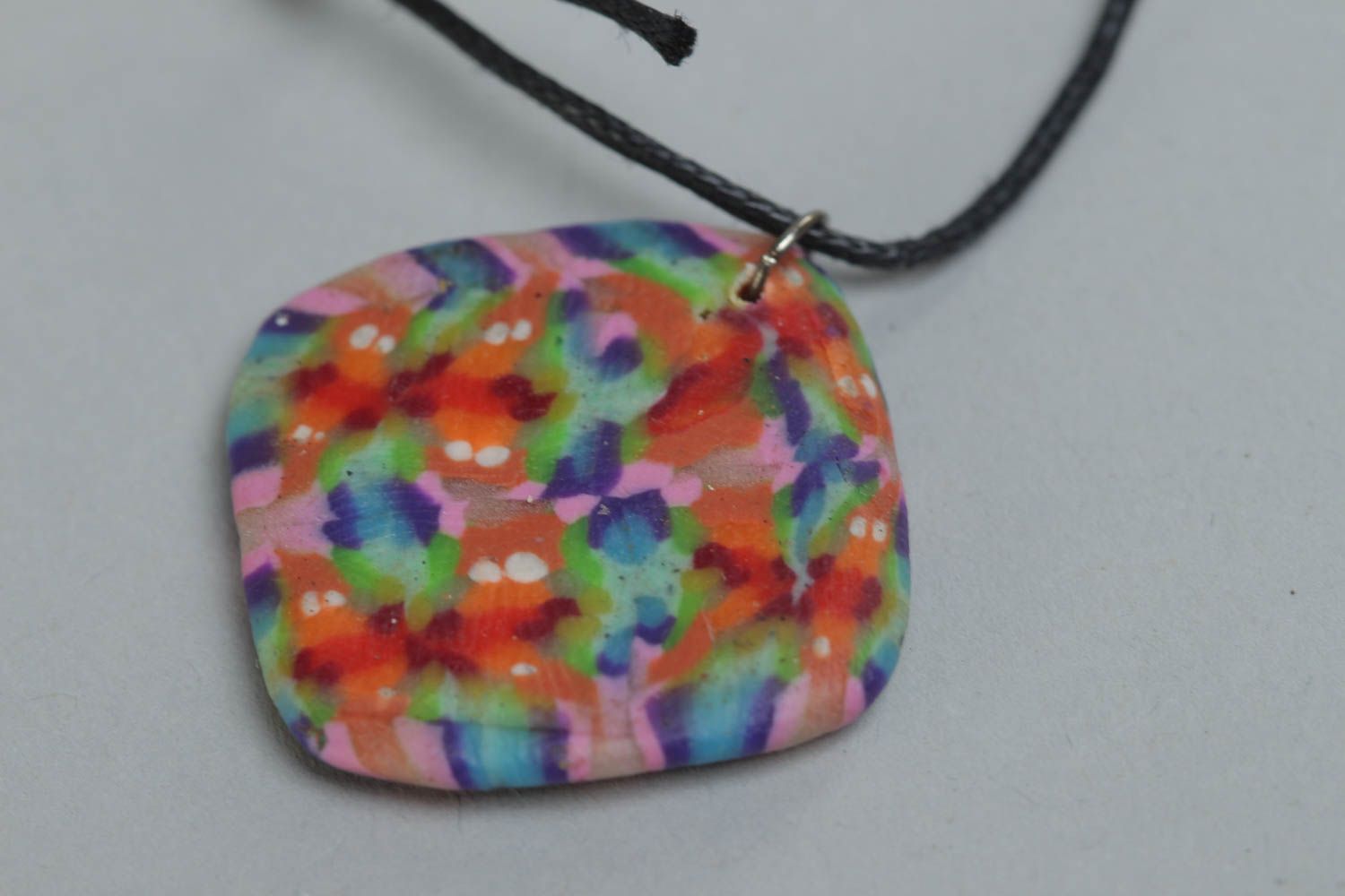 Handmade bright motley polymer clay pendant necklace with ornament on cord photo 4
