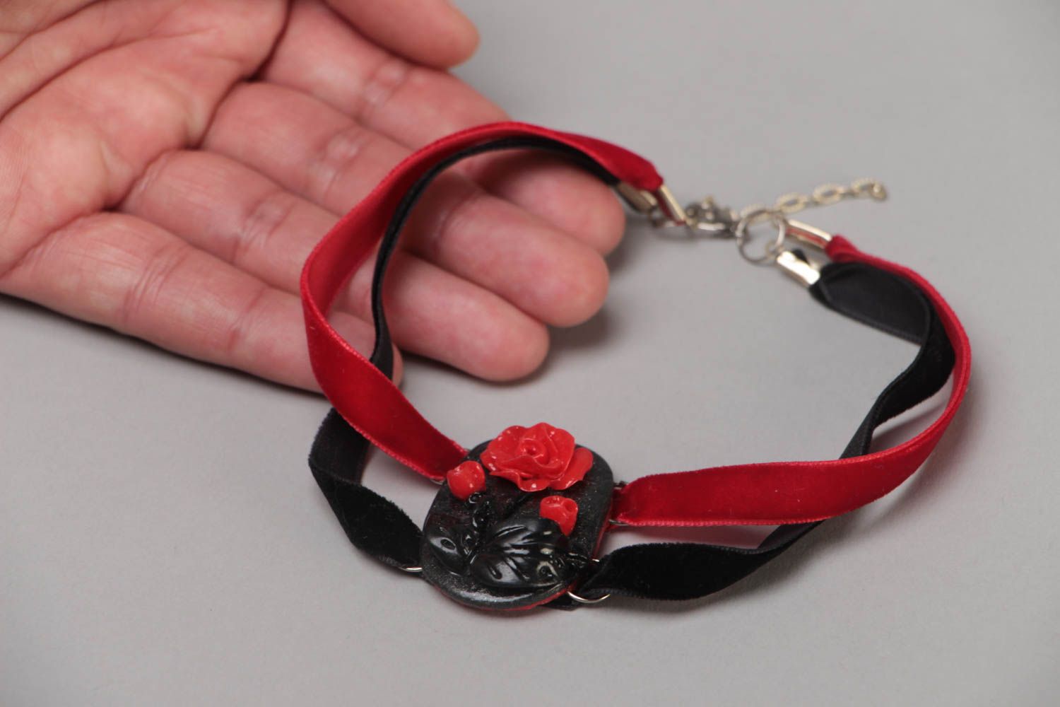 Handmade black and red collar necklace with ribbons and polymer clay element  photo 5