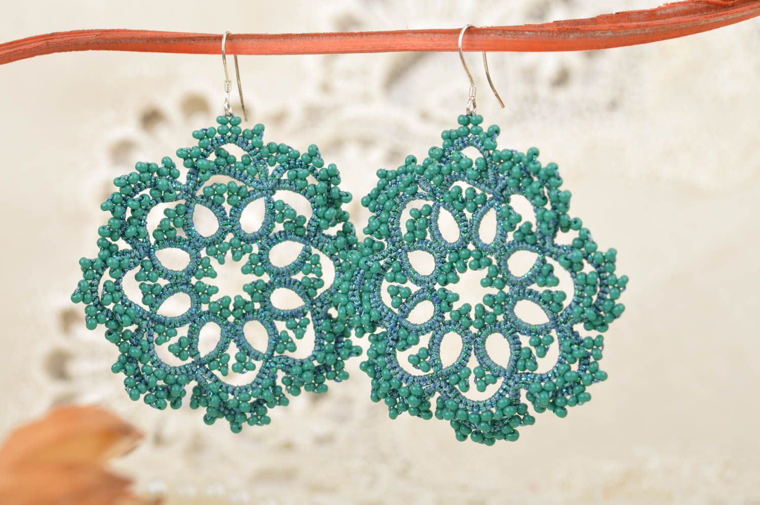 Handmade designer round lace drop tatted earrings of emerald color with beads photo 1