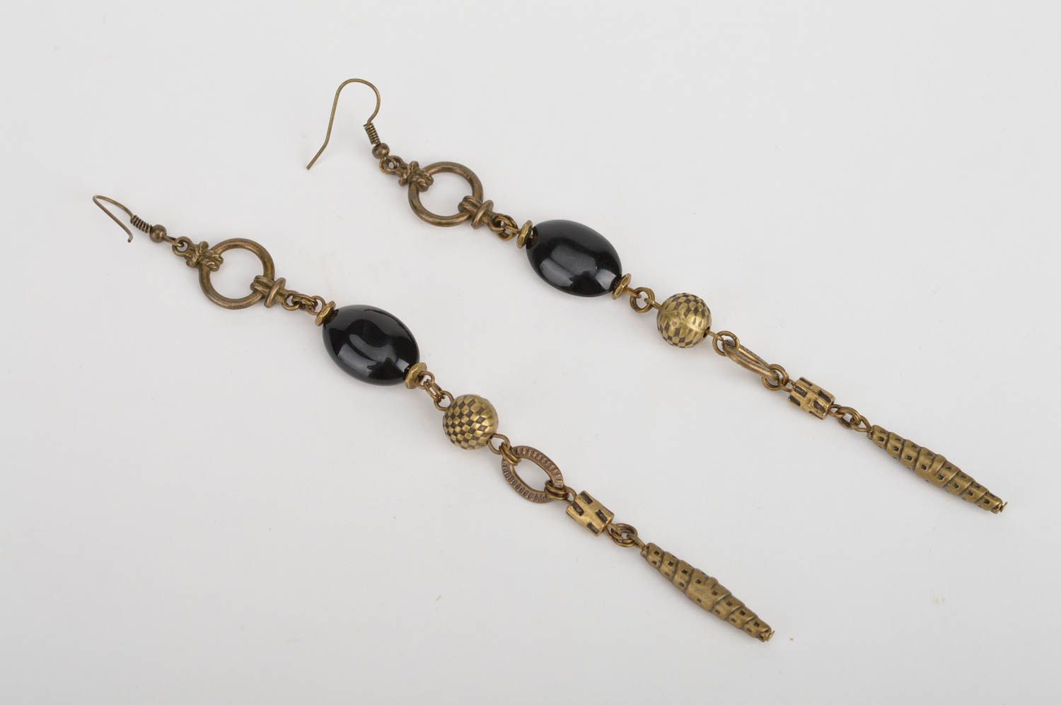 Handmade elegant long metal earrings with black beads ethnic Black Eye photo 2