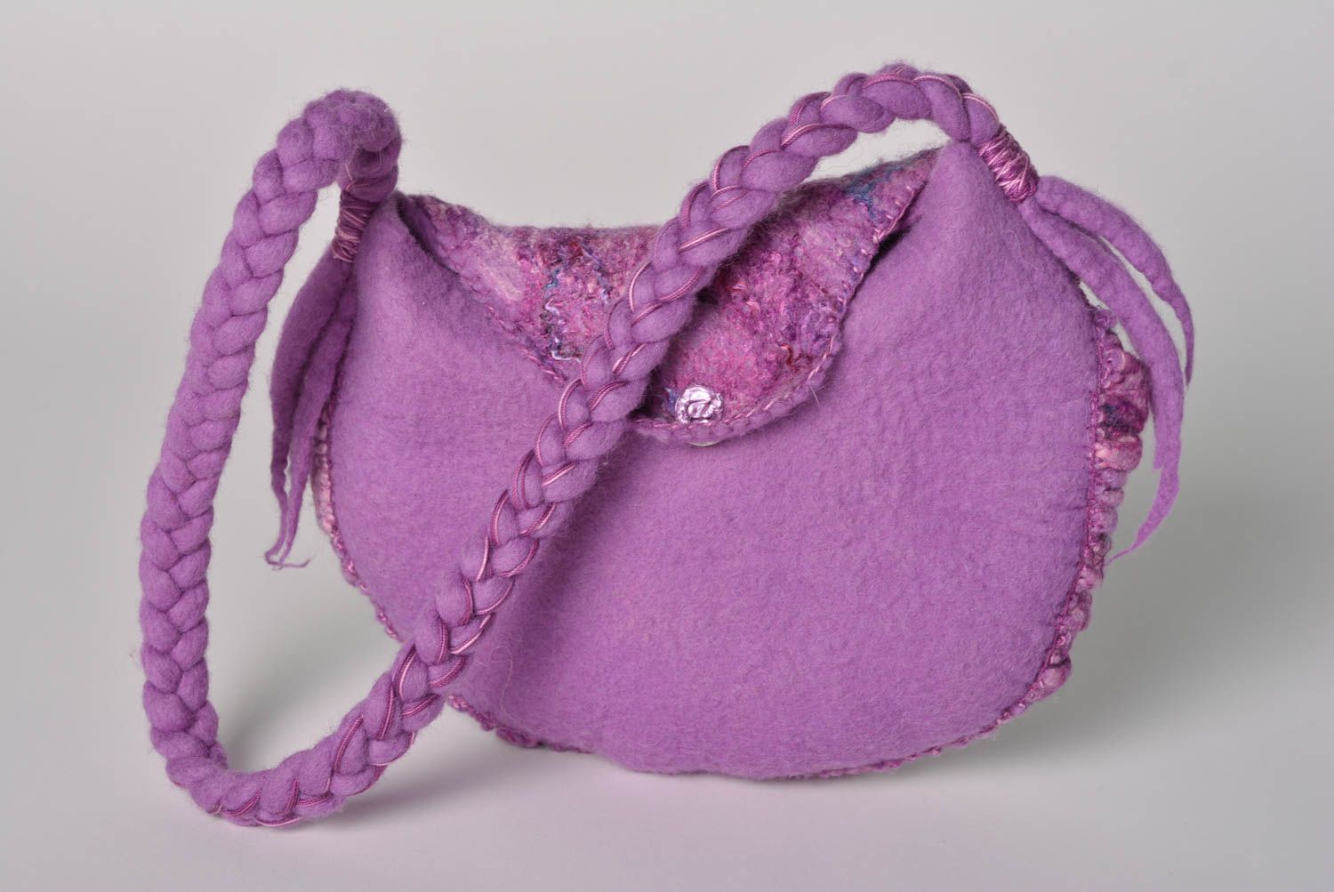 Handmade bright violet women's bag felted of wool with beads and short handle photo 3