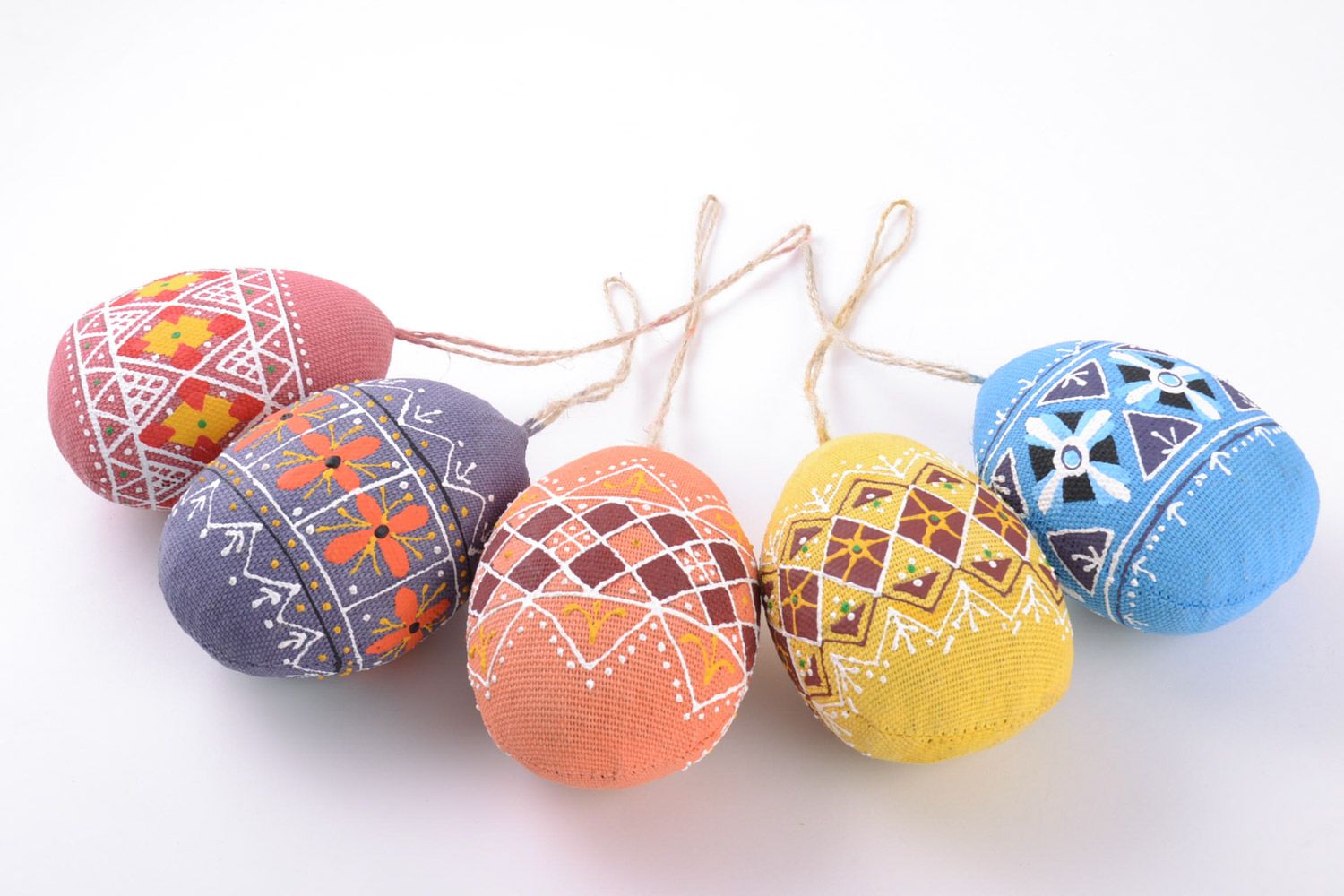 Set of 5 handmade decorative colorful soft ornamented Easter eggs sewn of fabric photo 2