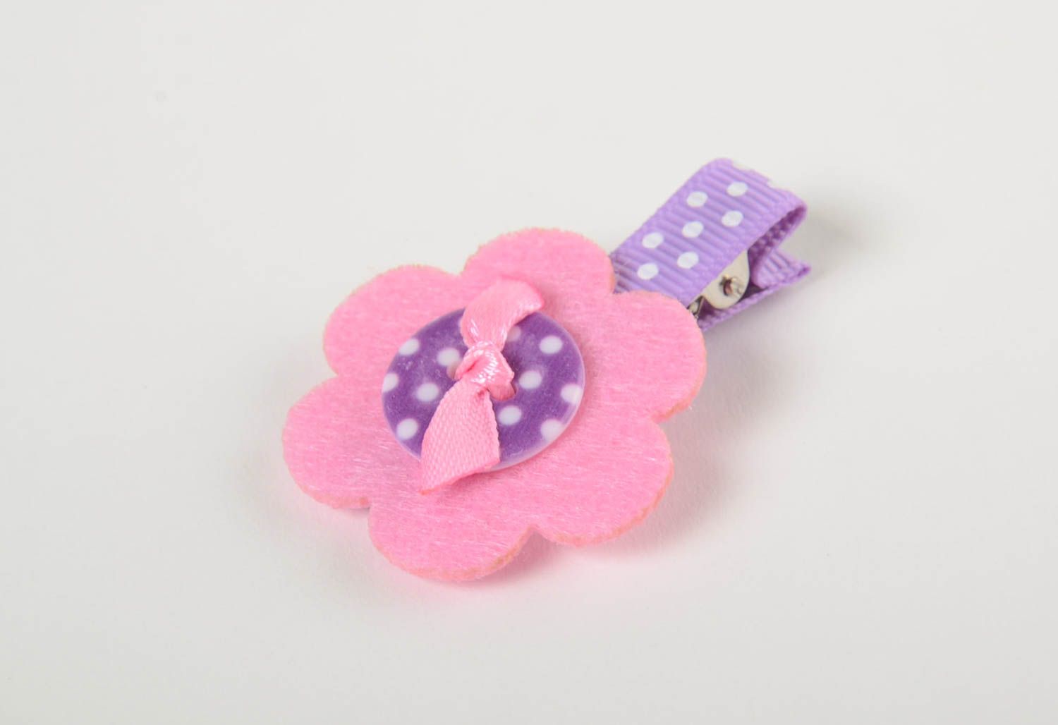 Cute hair clip made of rep ribbons and fleece with a button handmade barrette photo 2