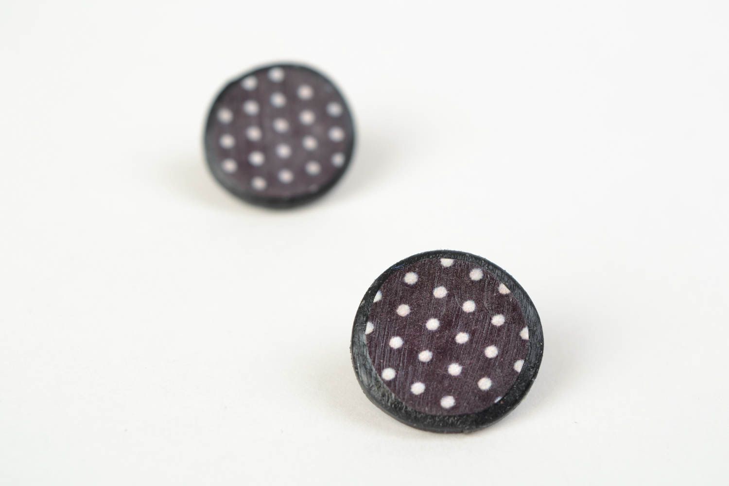 Stylish handmade polymer clay stud earrings of brown color with white polka dot pattern photo 5