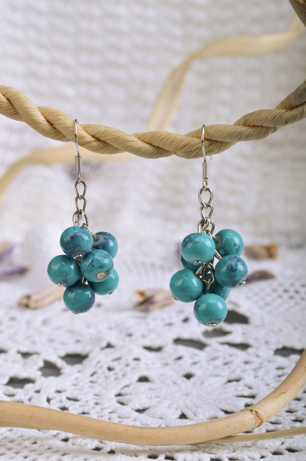 Handmade designer painted ceramic bead earrings in blue color palette photo 1