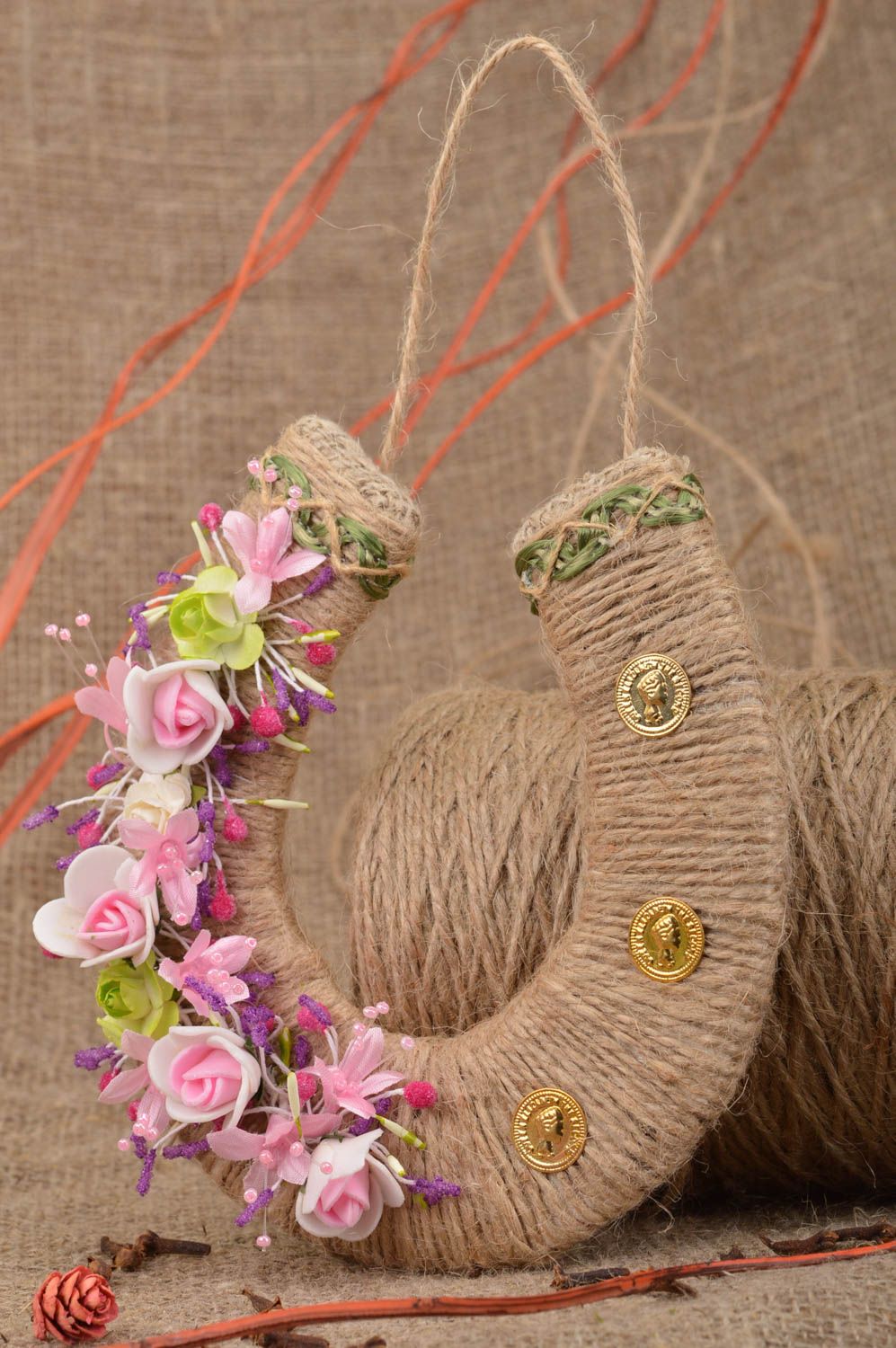Handmade Hufeisen Anhänger Wand Deko Wohn Accessoire mit Blumen Zum Glück foto 1