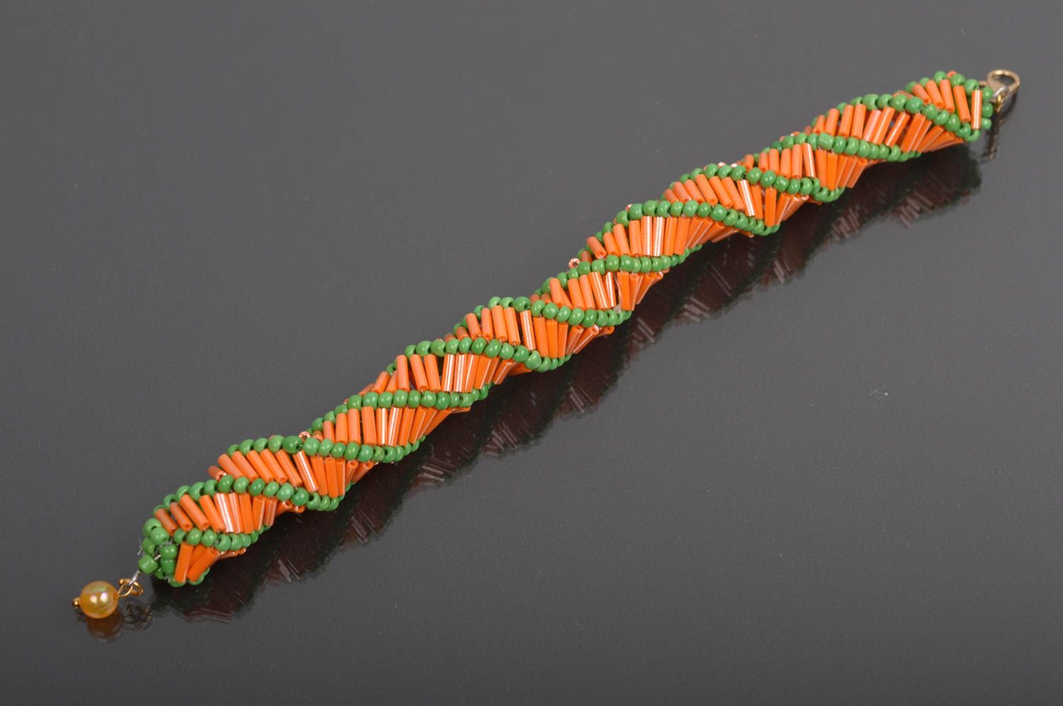 Handmade beaded cord bracelet made of orange and light green beads for women photo 2