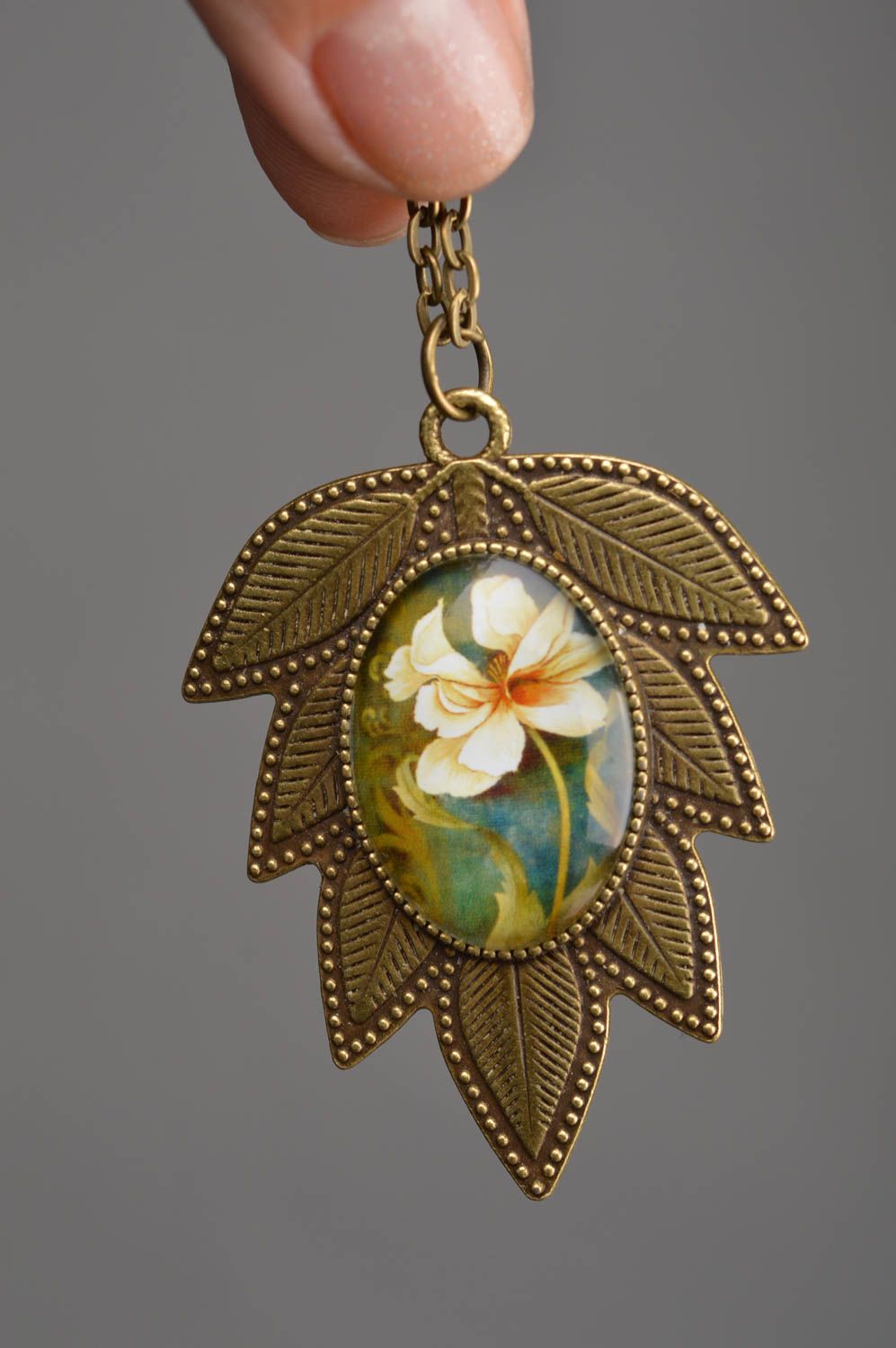 Unusual beautiful handmade designer metal neck pendant with cabochon for women photo 2